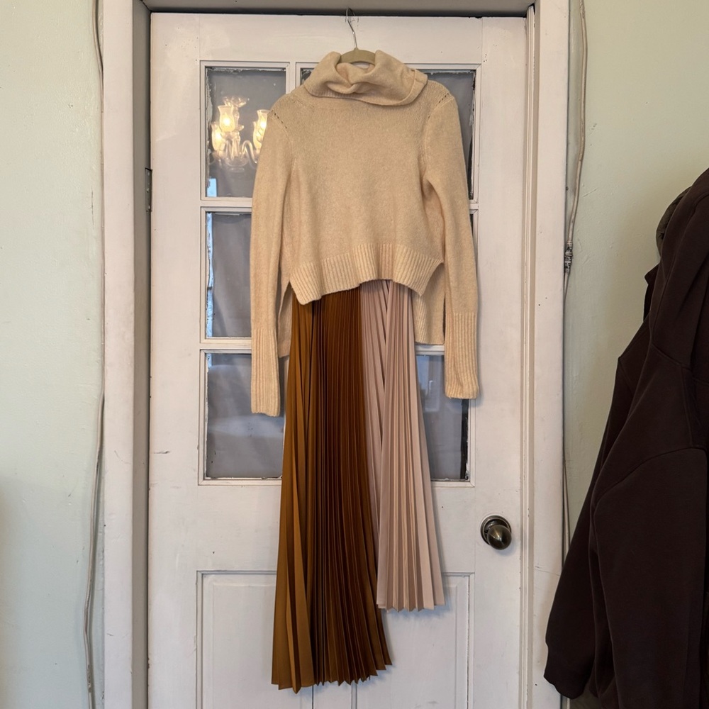 All Saints Two-Tone Pleated Maxi Skirt in Brown and Cream